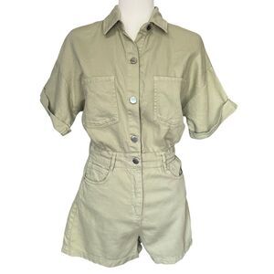 NWT Zara Green Denim Romper Shorts Collared Button Front Womens Small
